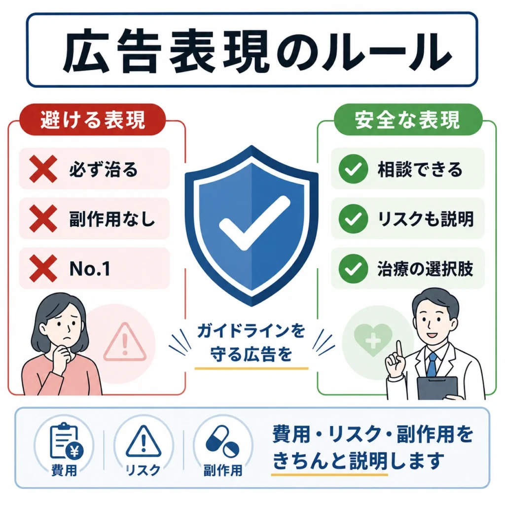 医療広告ガイドラインに沿って避ける表現と安全な表現を整理したイラスト