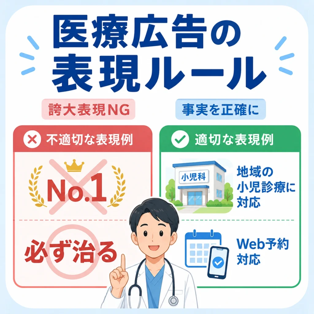 小児科の医療広告で避けたい誇大表現と、事実に基づく安全な表現例を比較したイラスト