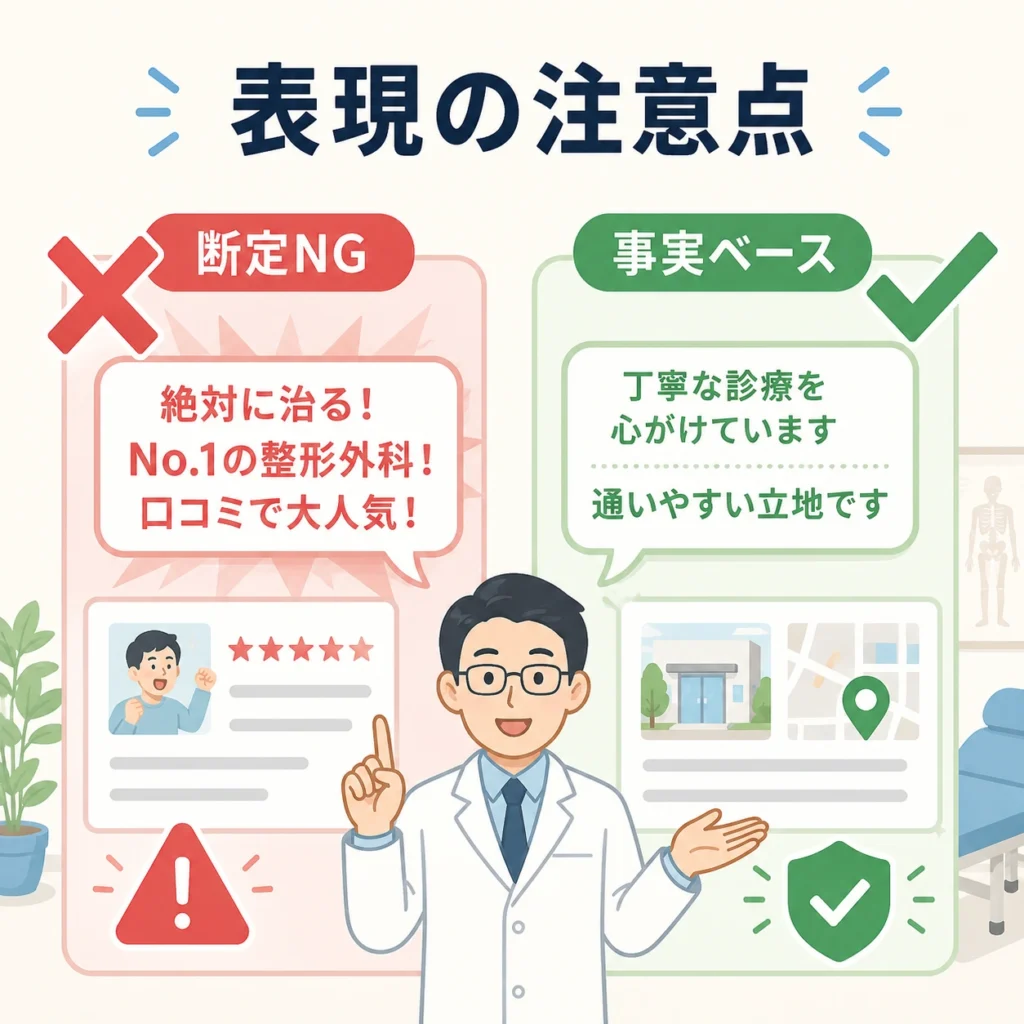 医療広告ガイドラインを踏まえ、断定表現を避けて事実ベースで整形外科の情報を伝える注意点を示すイラスト
