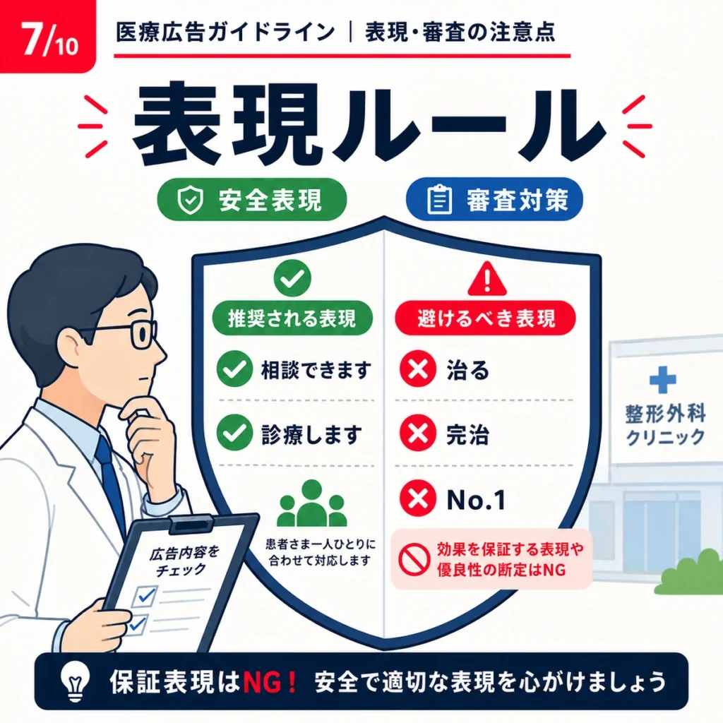 医療広告ガイドラインを踏まえて治る・完治・No.1などの表現を避け安全な表現に整えるイラスト