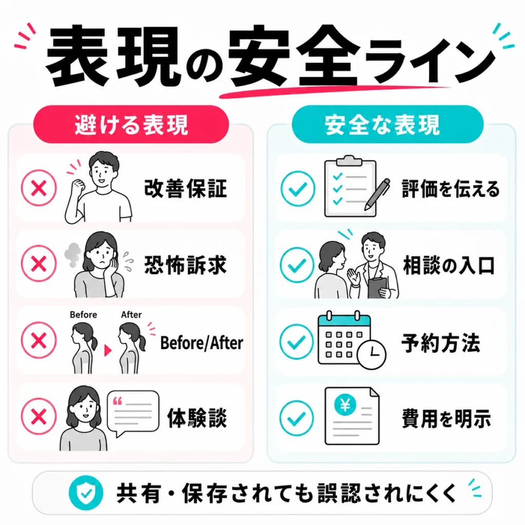 医療広告ガイドラインとTikTokポリシーに配慮した安全な表現ラインを示すイラスト