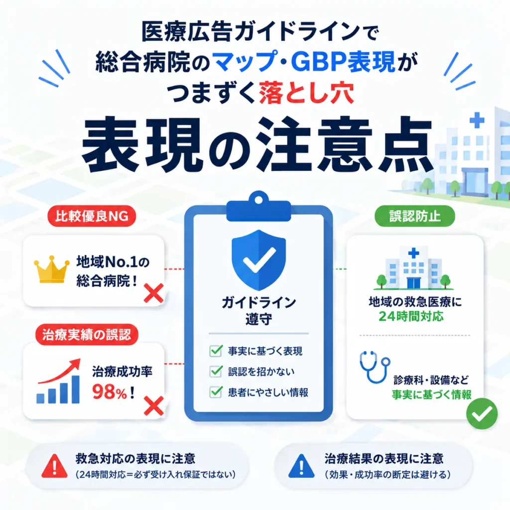 医療広告ガイドラインで注意すべき比較優良表現や誤認防止を示すイラスト
