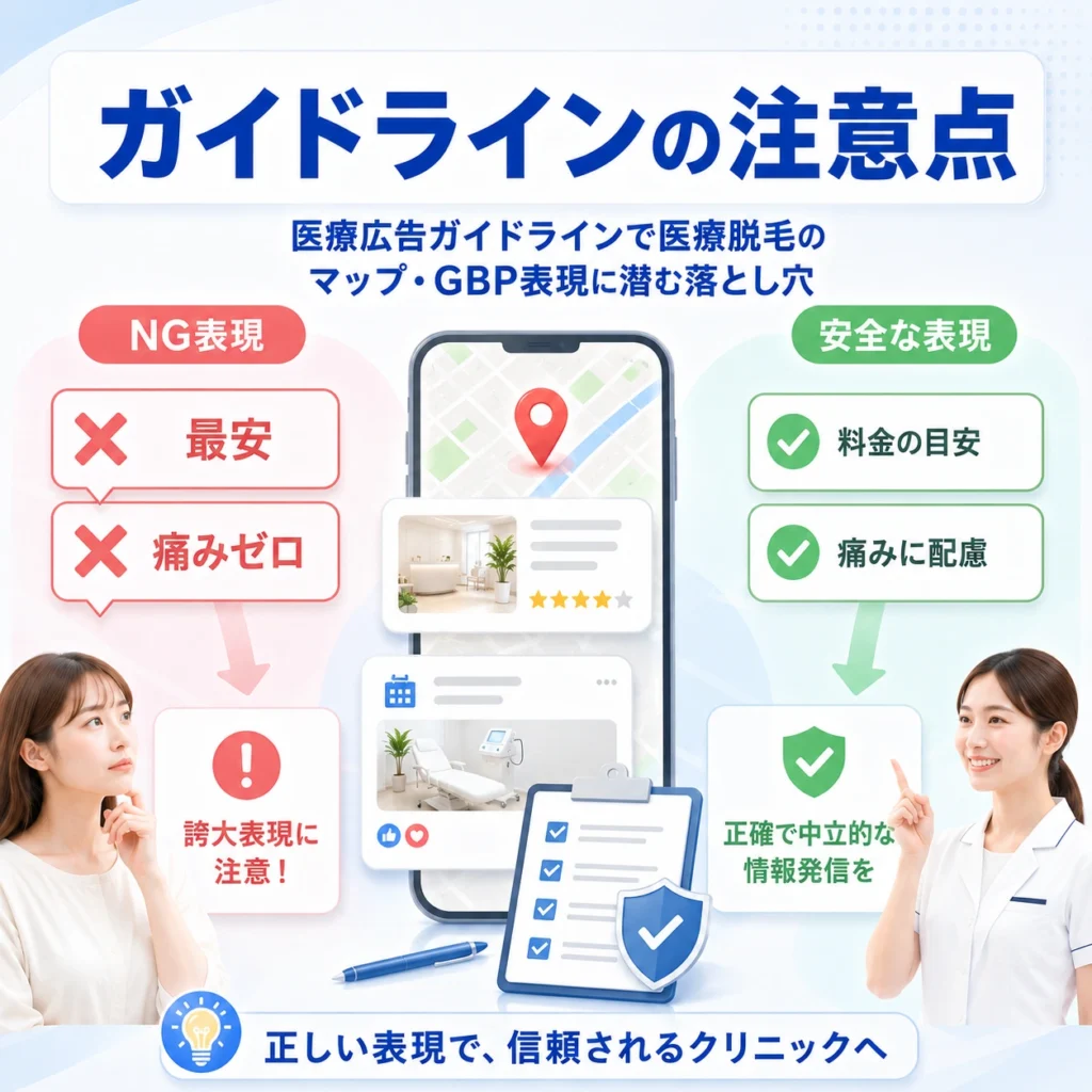 医療脱毛広告で避けたいNG表現と安全な表現の違いを示すガイドライン注意点のイラスト