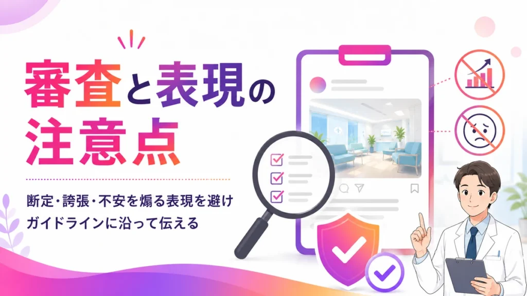 医療広告ガイドラインに沿って審査と表現の注意点を確認する図解