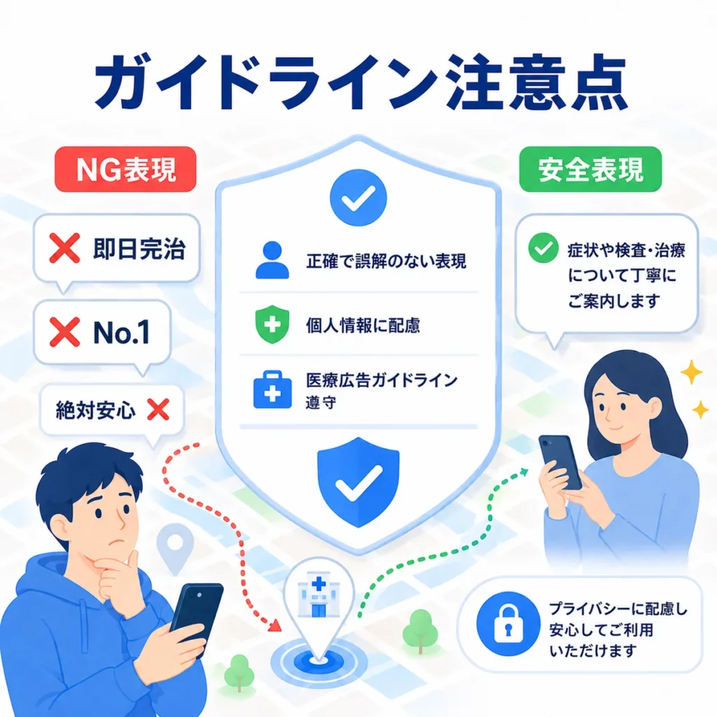医療広告ガイドラインに注意し、NG表現を避けて安全な表現で案内するポイントを示すイラスト