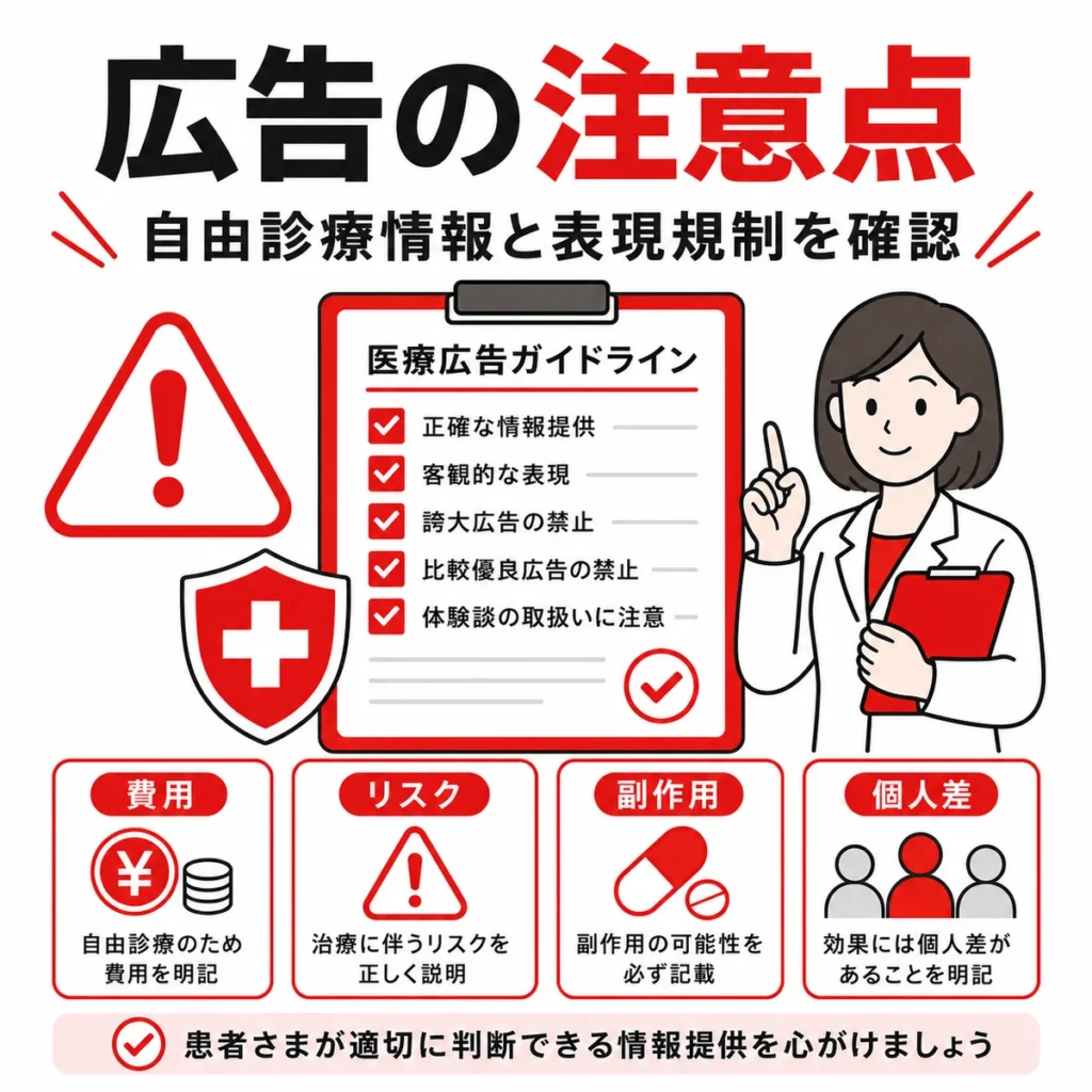 自由診療情報や表現規制など医療広告ガイドライン上の注意点を確認するイラスト