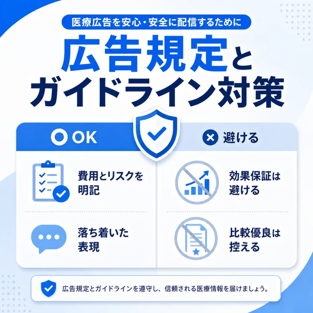 医療脱毛広告で守るべき広告規定と医療広告ガイドライン対策を示すイラスト