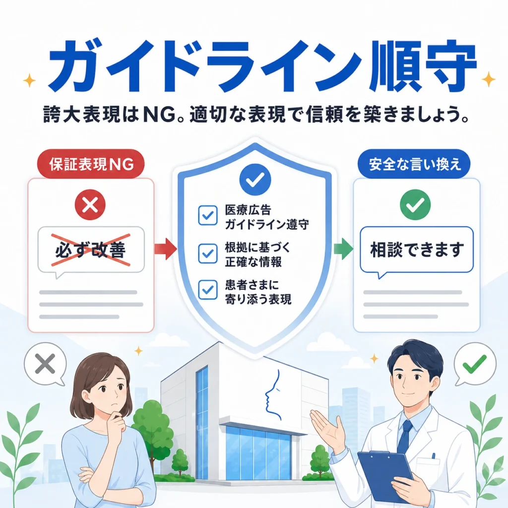 医療広告ガイドラインを守り保証表現を避けて安全な言い換えを行う形成外科広告のイラスト
