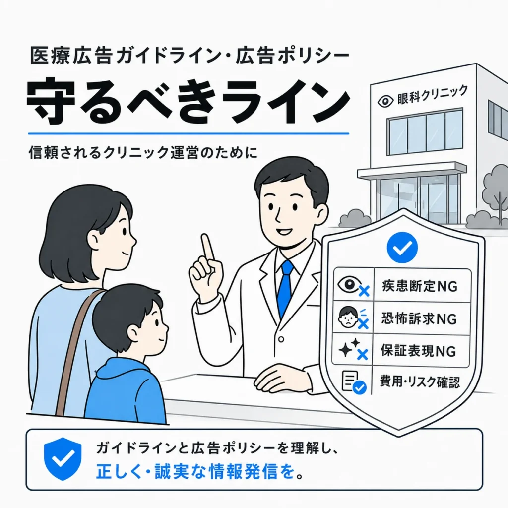 医療広告ガイドラインとX広告ポリシーで守るべき表現ラインをチェックリストで示すイラスト