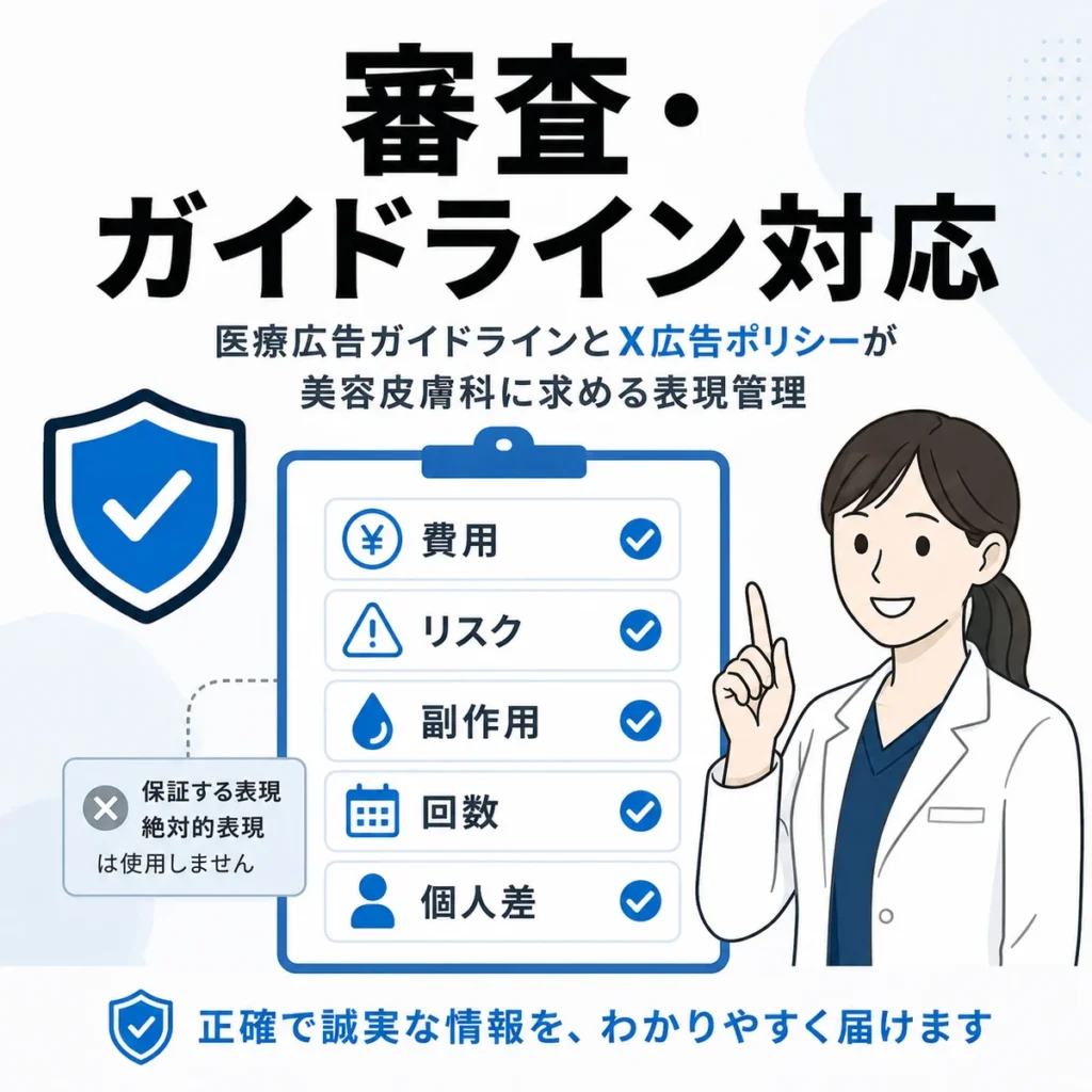 医療広告ガイドラインとX広告ポリシーに沿って費用やリスク、副作用を確認する表現管理のイラスト