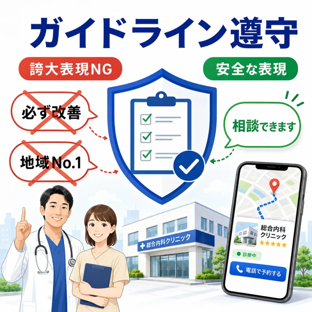 医療広告ガイドラインを守り誇大表現を避けて安全な表現に整えるイラスト