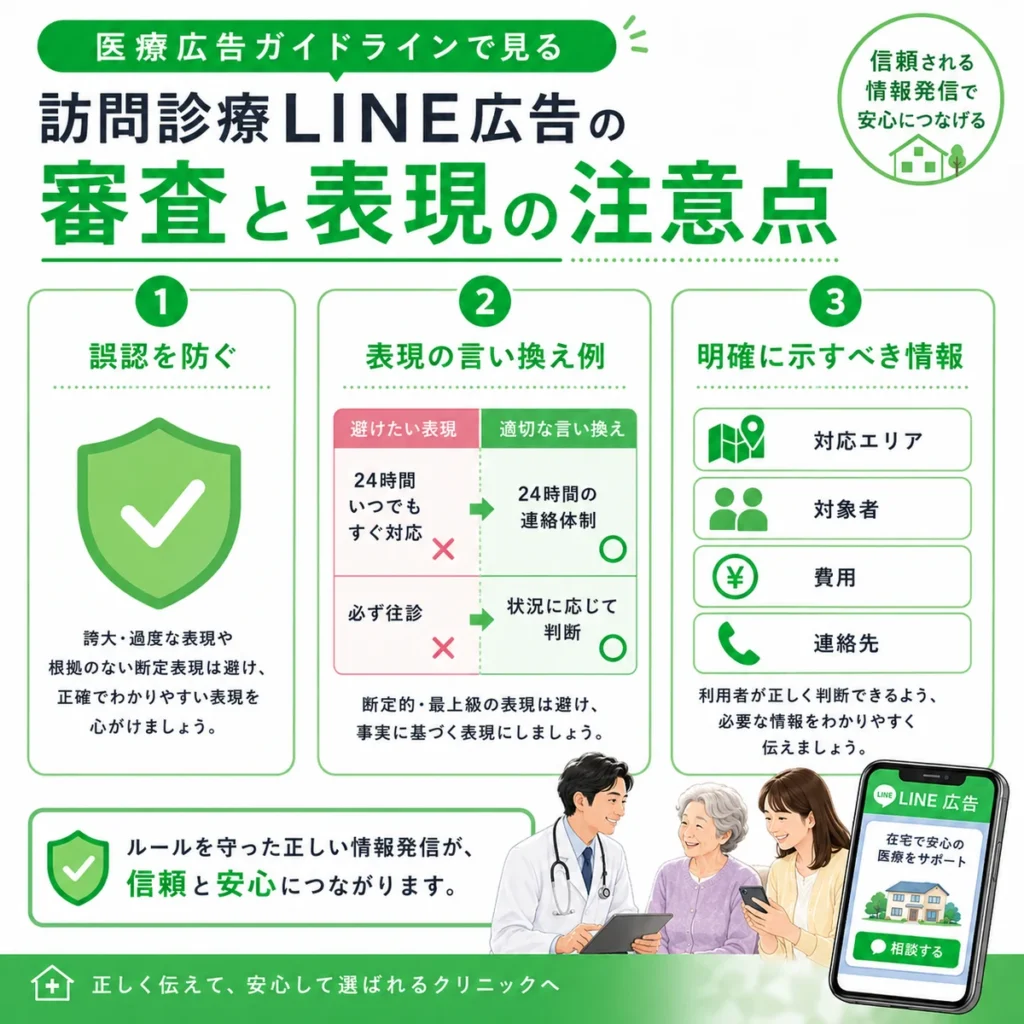 医療広告ガイドラインに沿った訪問診療LINE広告の審査と表現注意点を示すイラスト