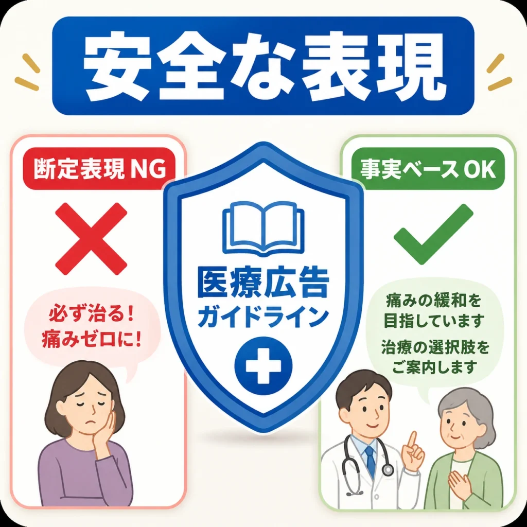 医療広告ガイドラインに配慮し断定表現を避けて事実ベースで伝える表現例のイラスト