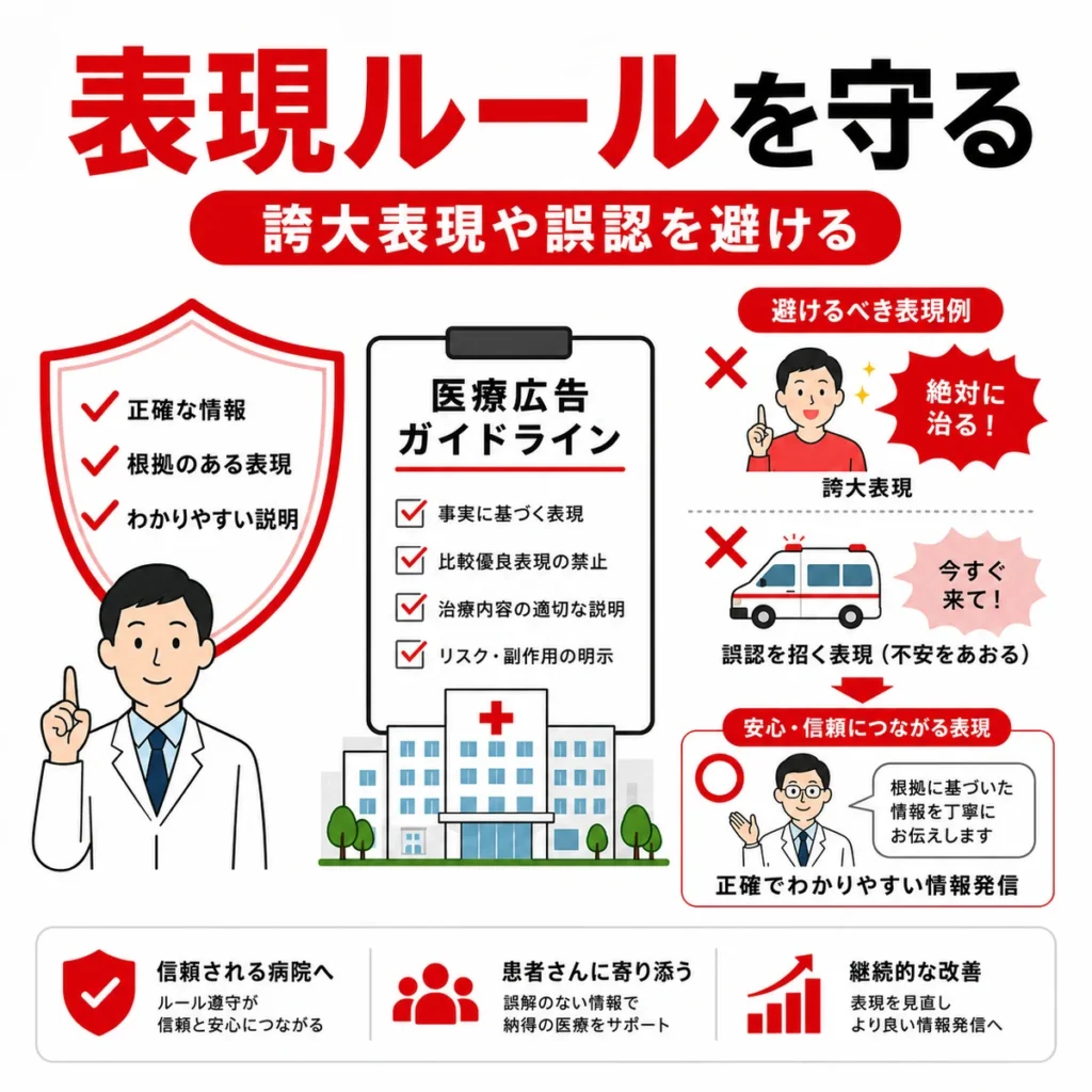 医療広告ガイドラインを守り誇大表現や誤認を避ける表現対策を示すイラスト