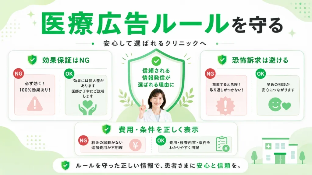緊急ピルや性病検査の広告で医療広告ガイドラインを守る表現を示すイラスト