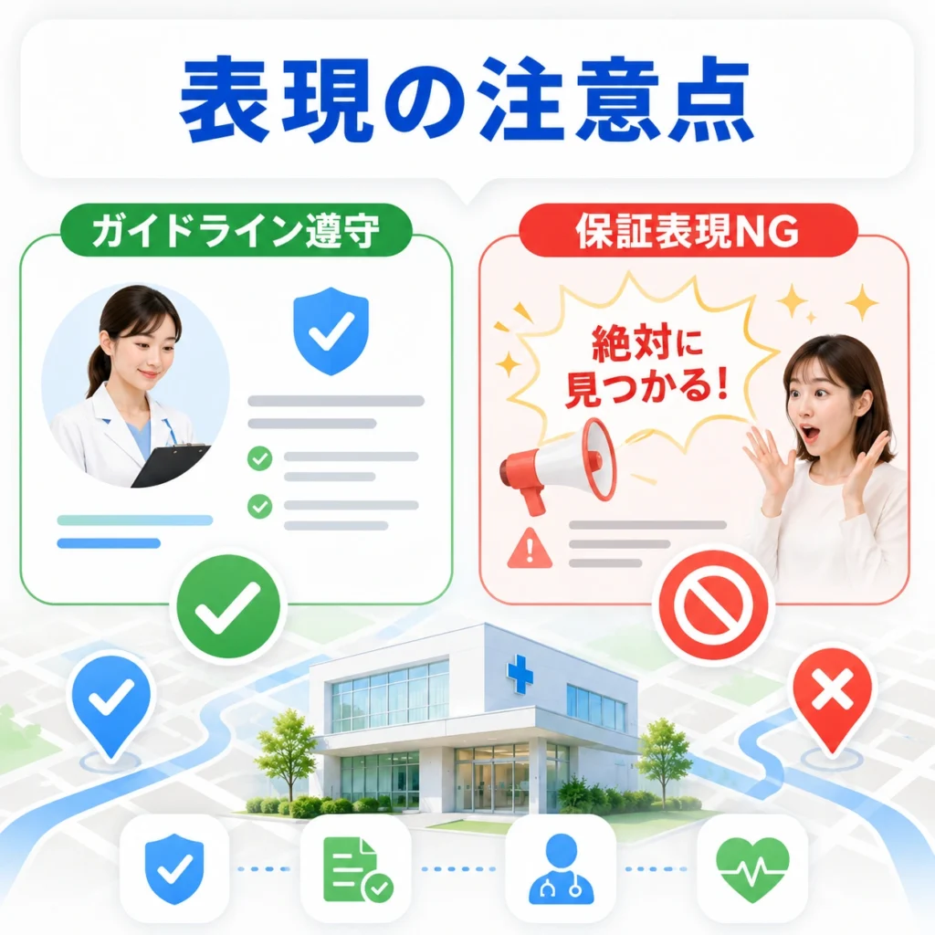 医療広告ガイドラインを守り、病気発見の保証や過度な安心訴求を避ける注意点を示すイラスト