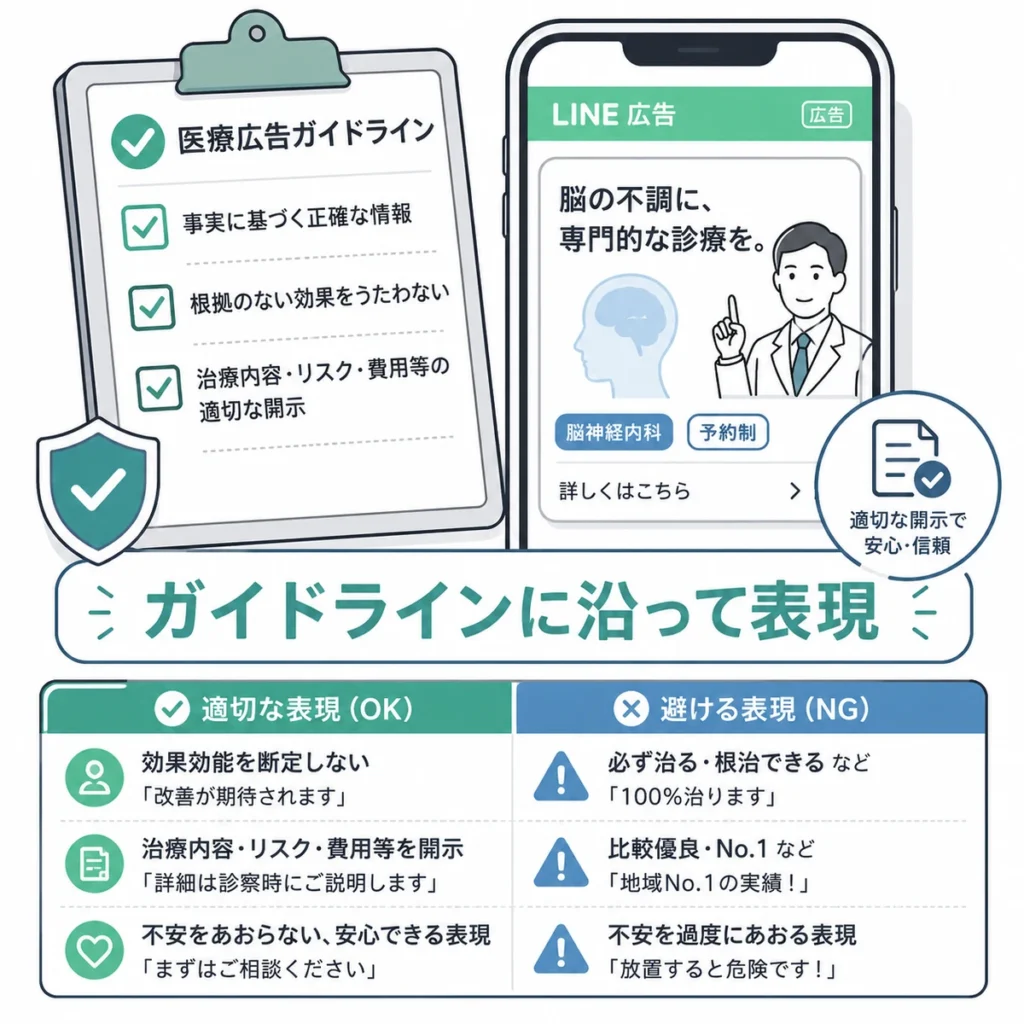 医療広告ガイドラインに沿って脳神経内科LINE広告の表現を整えるポイントを示すイラスト