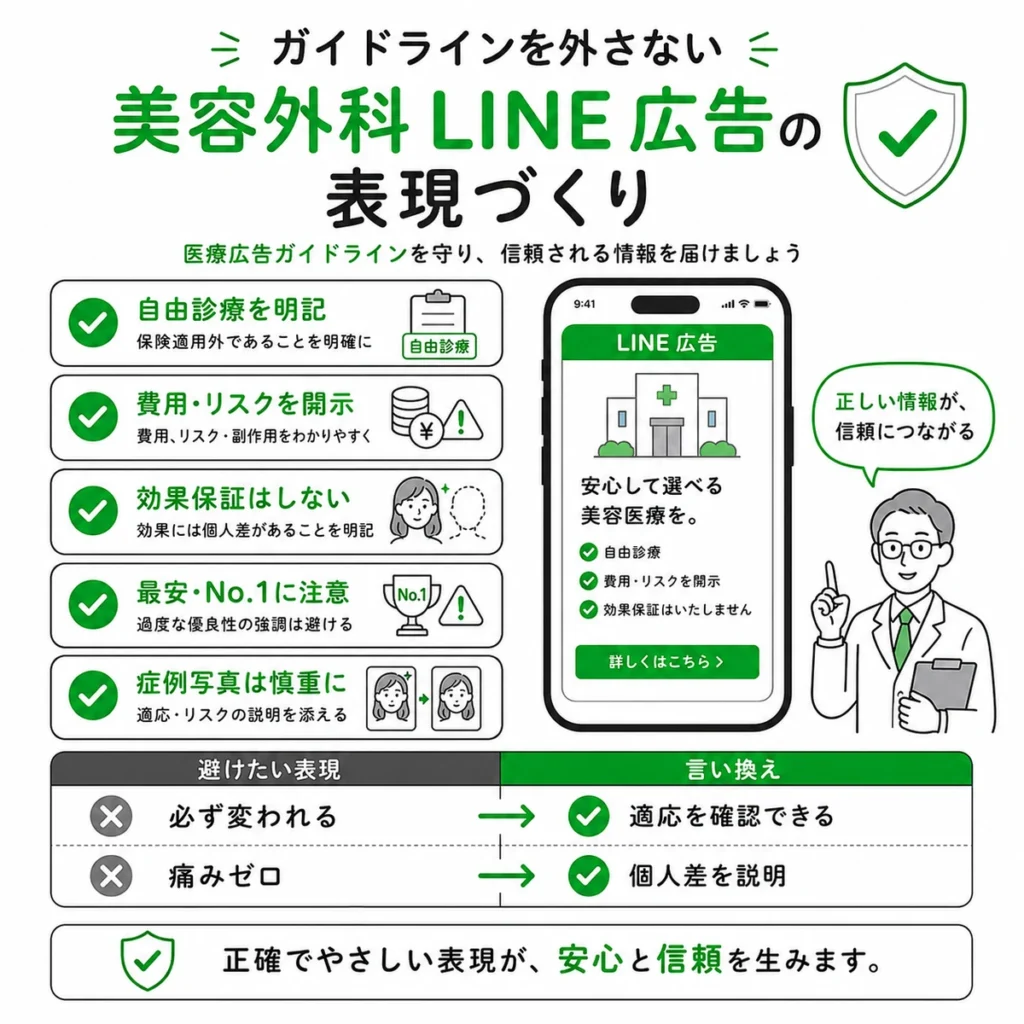 医療広告ガイドラインを守るための自由診療や費用リスク開示のチェック項目を示すイラスト