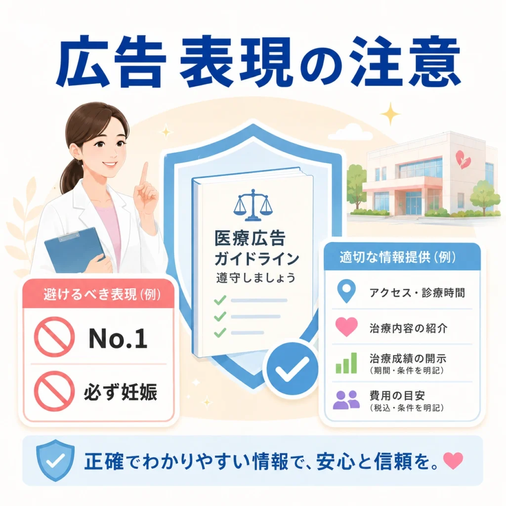 医療広告ガイドラインに配慮し避けるべき表現と適切な情報提供を整理したイラスト