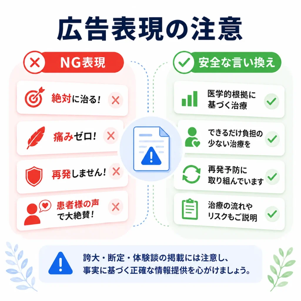 肛門外科クリニックの医療広告で避けたいNG表現と安全な言い換えを示すイラスト