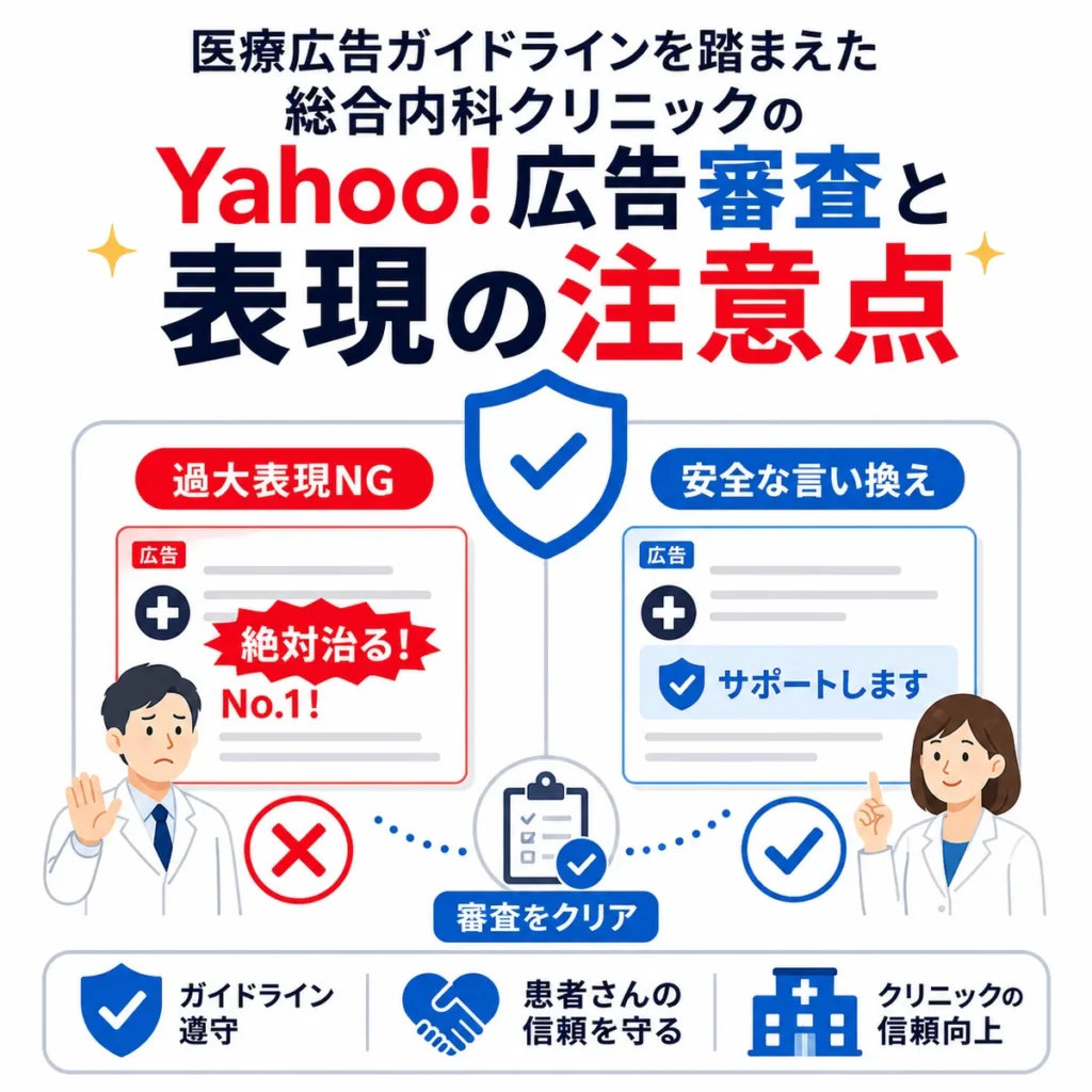 医療広告ガイドラインを踏まえたYahoo!広告審査と安全な表現の注意点を示すイラスト
