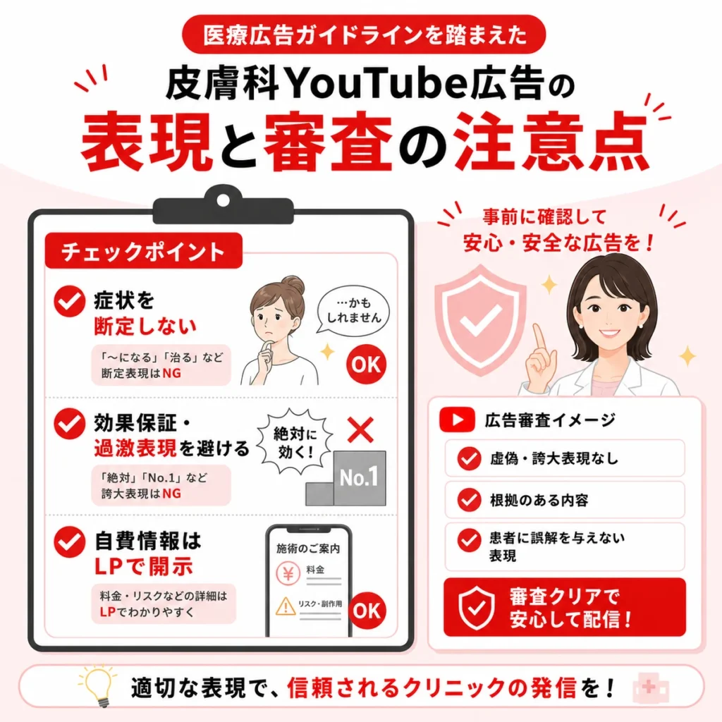 医療広告ガイドラインを踏まえた皮膚科YouTube広告の表現と審査の注意点を示すイラスト