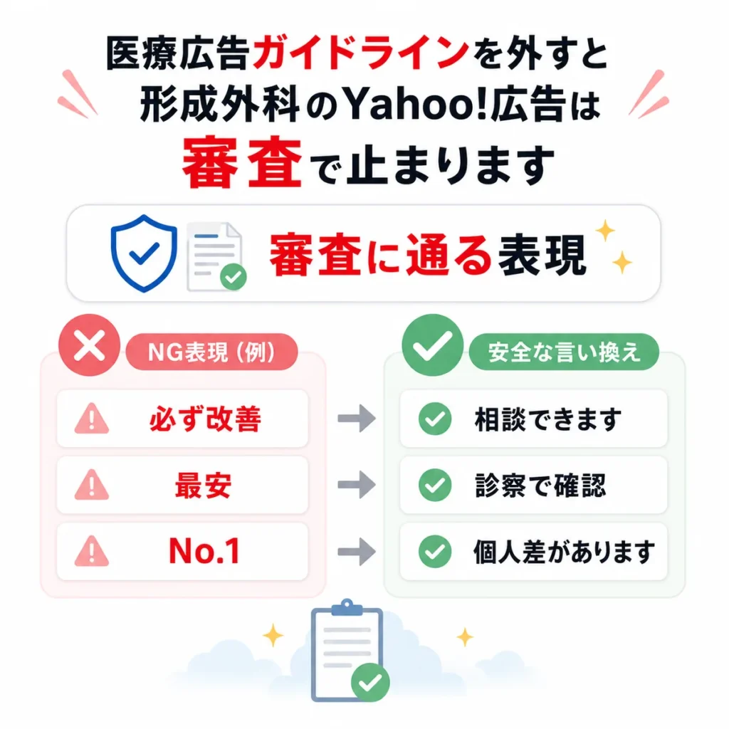 医療広告ガイドラインに沿って危険表現を安全な表現へ言い換えるポイントを示すイラスト