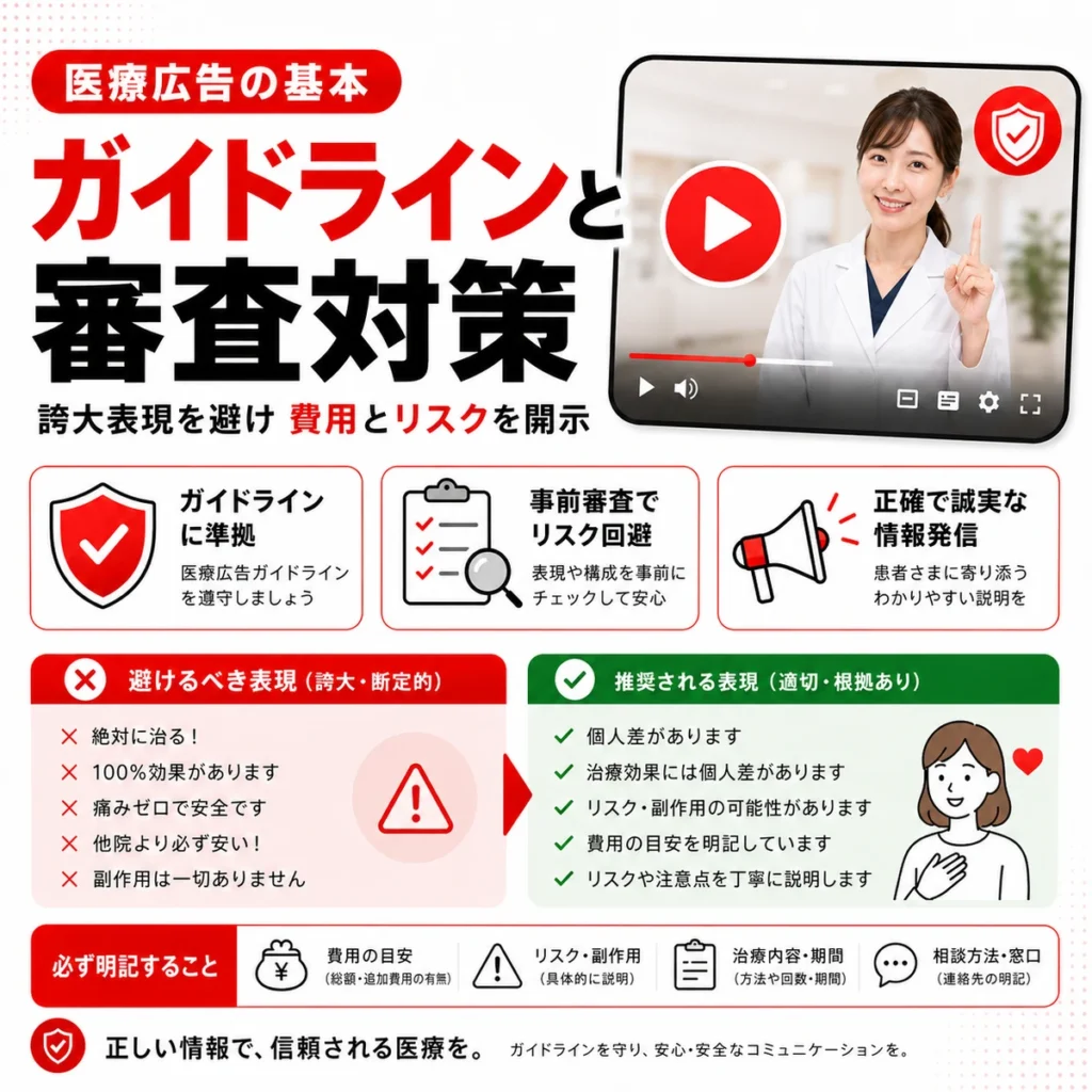 医療広告ガイドラインを踏まえたYouTube広告の表現と審査対策を示すイラスト