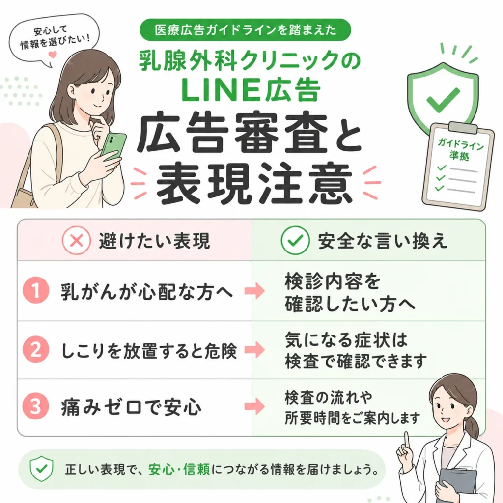 医療広告ガイドラインを踏まえた乳腺外科LINE広告の避けたい表現と安全な言い換えを示すイラスト