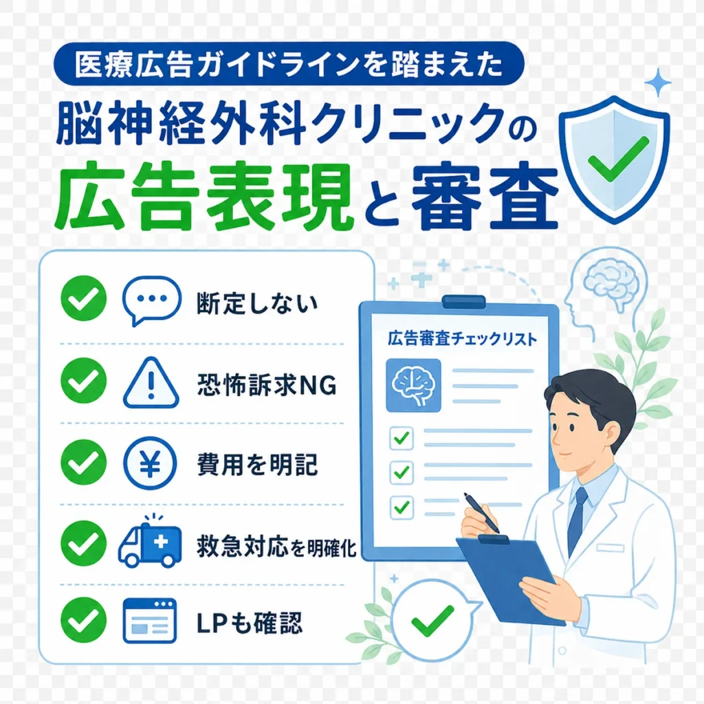 医療広告ガイドラインを踏まえた脳神経外科クリニックの広告表現と審査チェック項目のイラスト