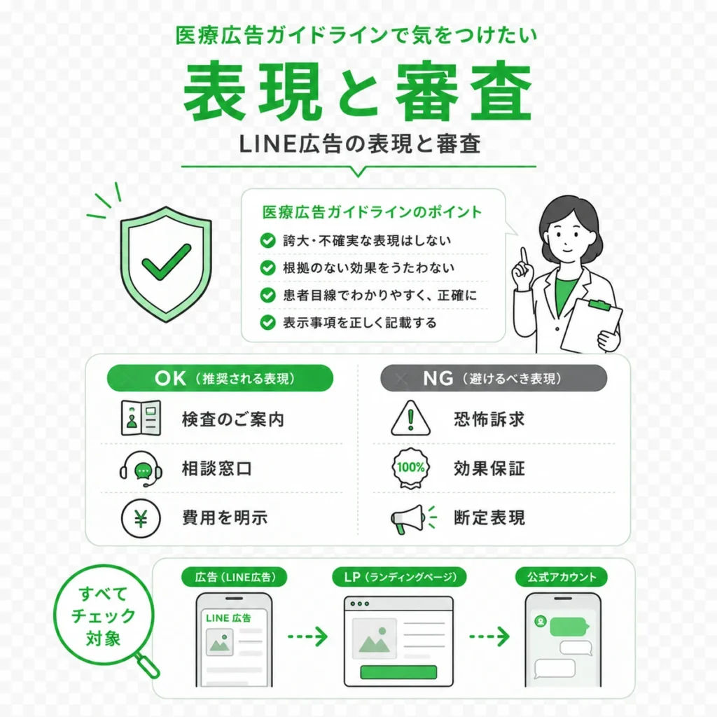 医療広告ガイドラインに沿った表現と審査チェックのポイントを示すイラスト