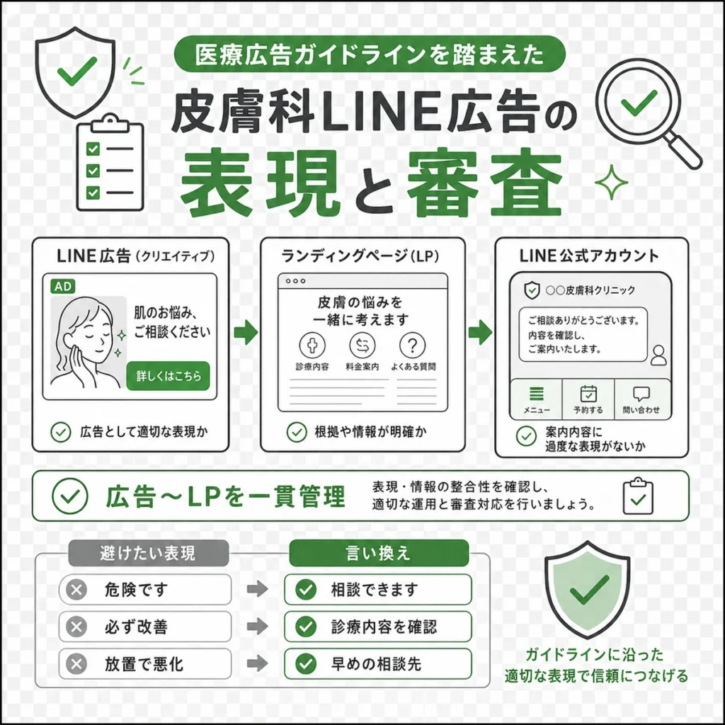 医療広告ガイドラインを踏まえて広告からLPとLINE公式アカウントまで表現を確認する流れを示すイラスト