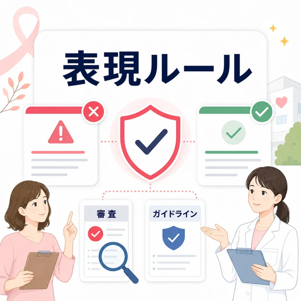 医療広告ガイドラインとYahoo!広告審査を踏まえた安全な広告表現の確認を示すイラスト