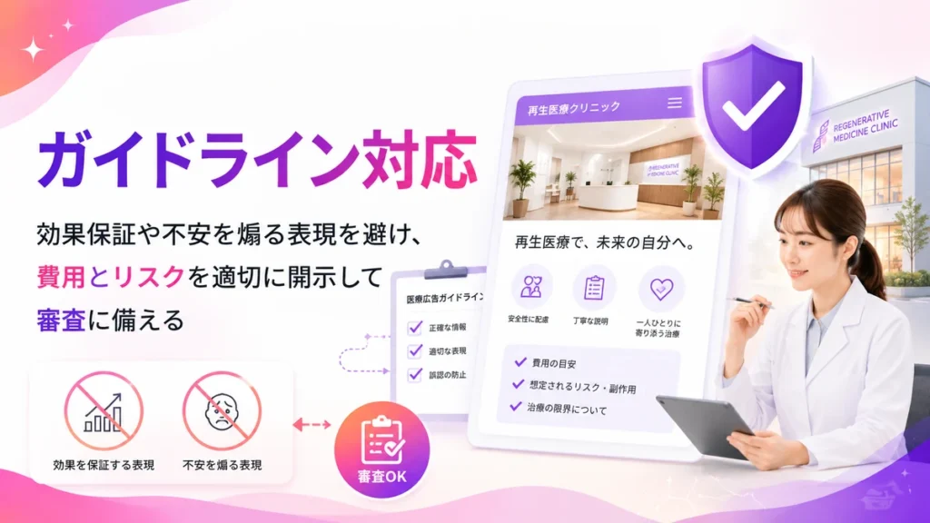 医療広告ガイドラインに沿って表現と審査対策を確認するイラスト