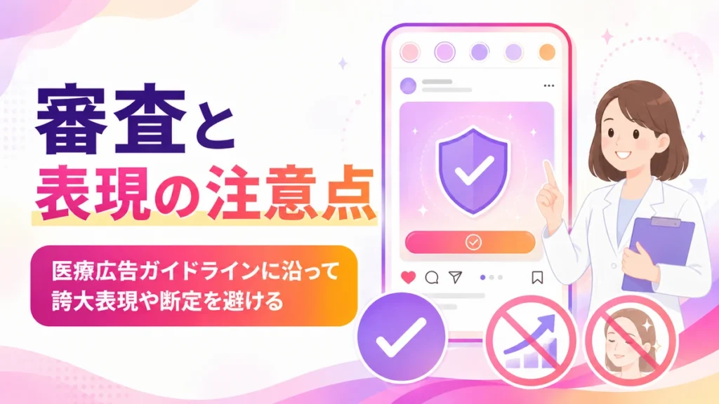 医療広告ガイドラインに沿った審査と表現の注意点を示すイラスト