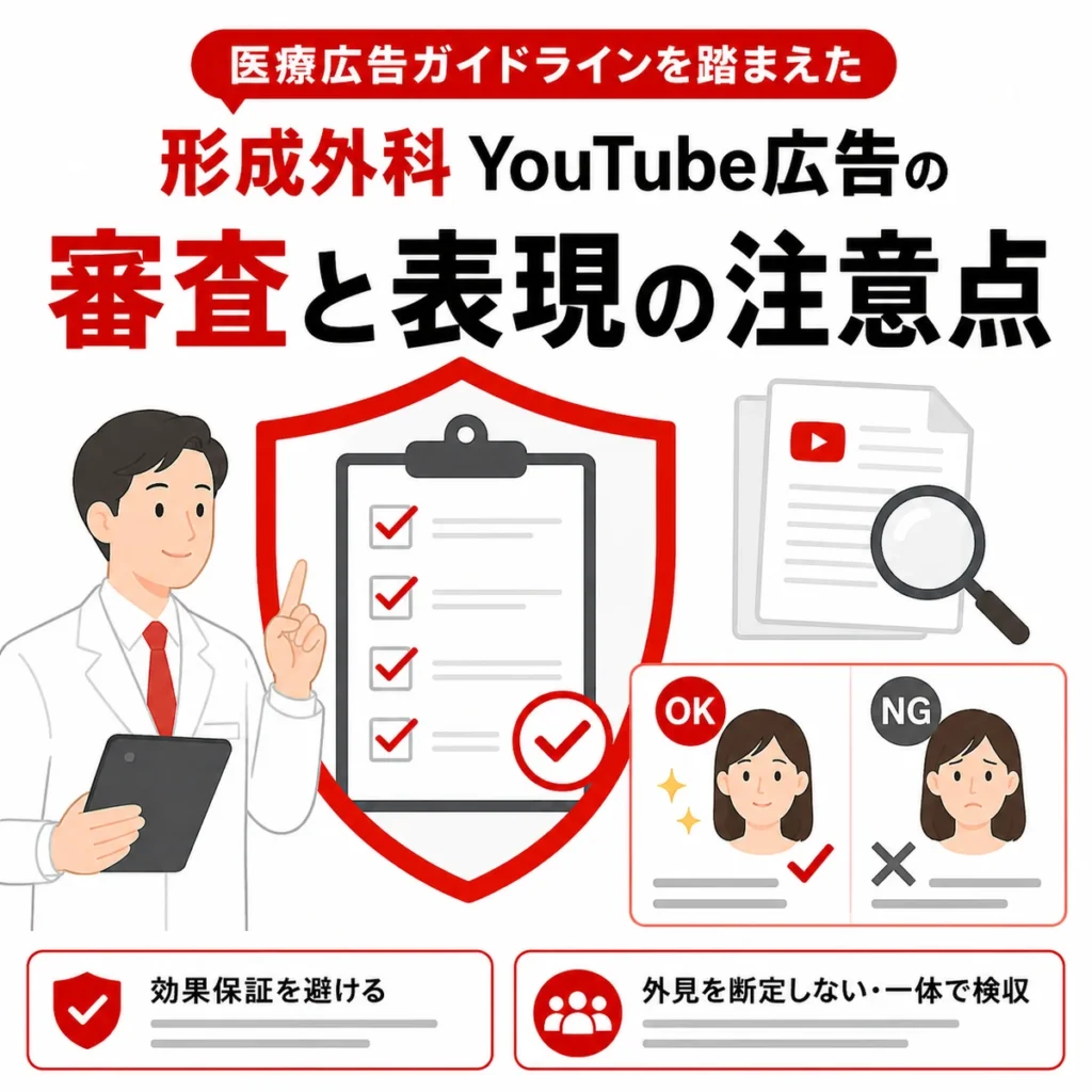 医療広告ガイドラインを踏まえて効果保証や外見の断定を避ける表現確認を示すイラスト