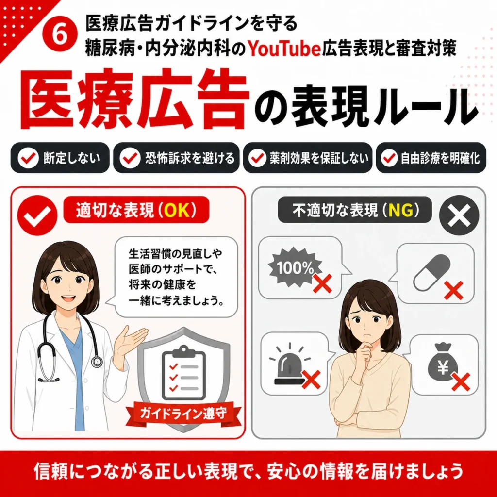 医療広告ガイドラインに配慮した適切な表現と避けたい表現を比較したイラスト