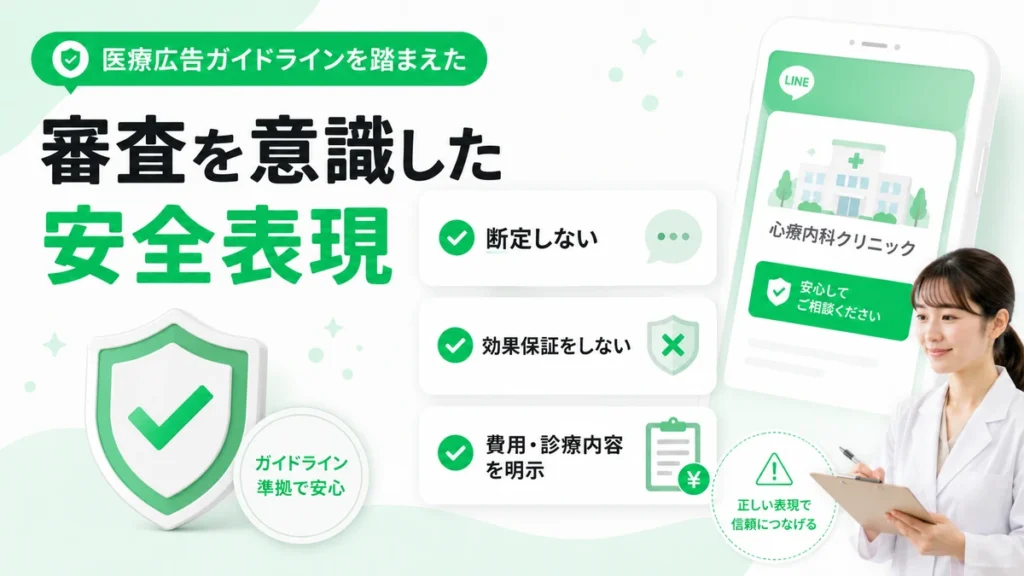 医療広告ガイドラインを踏まえた心療内科LINE広告の安全な表現を示すチェック図