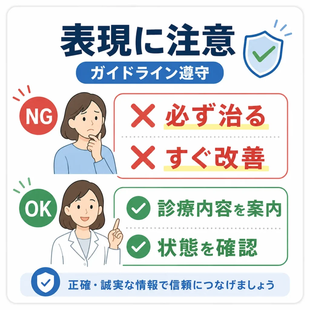医療広告ガイドラインで避けたい保証表現と安全な診療案内表現を比較したイラスト