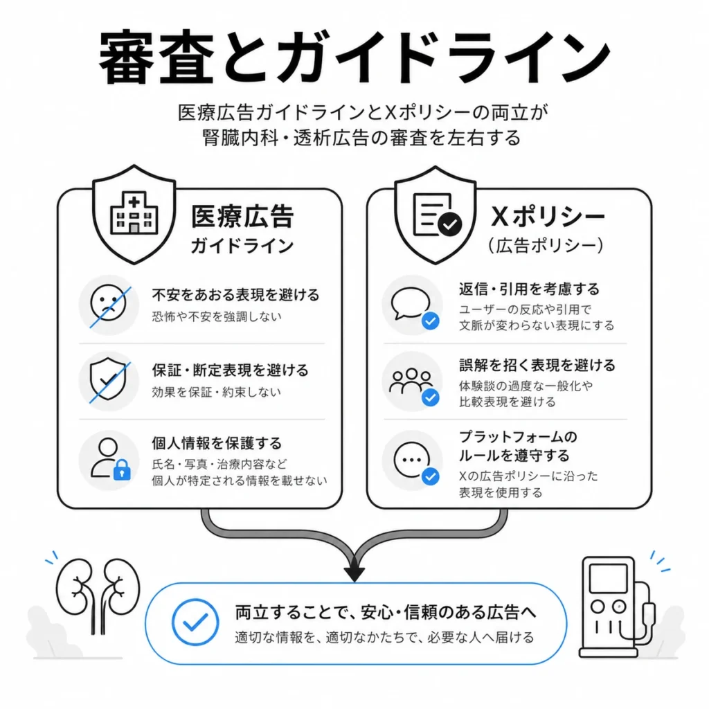 医療広告ガイドラインとXポリシーを両立して安全な広告審査につなげる図解
