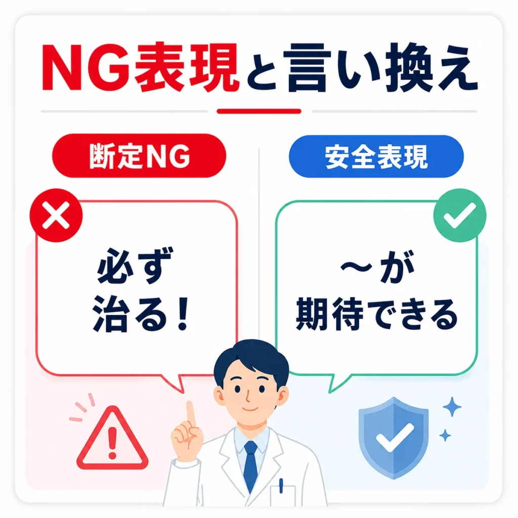 医療広告ガイドラインで避けたいNG表現と安全な言い換えを示すイラスト