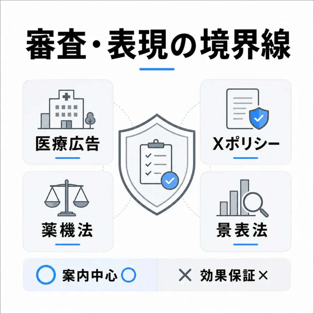 医療広告ガイドライン、Xポリシー、薬機法、景表法を踏まえた審査と表現の境界線を示すイラスト