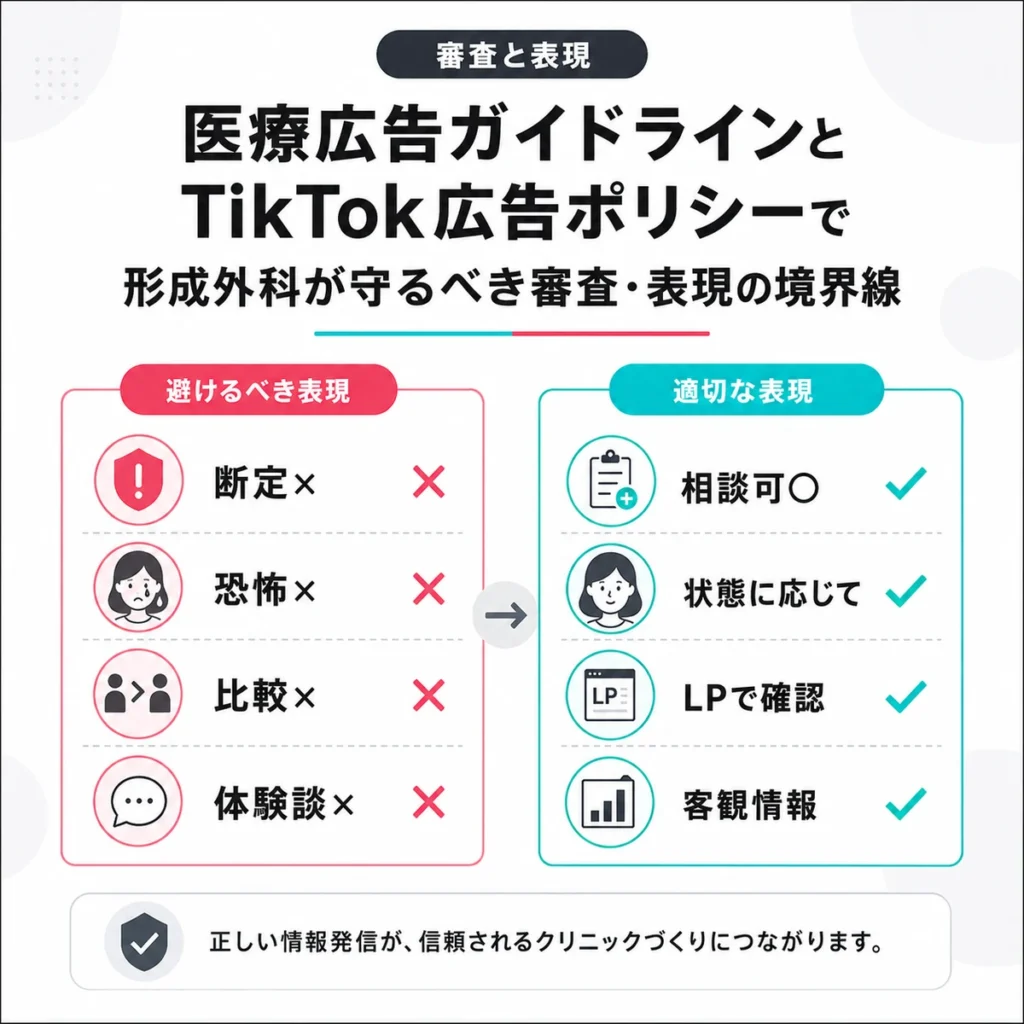 医療広告ガイドラインとTikTok広告ポリシーで避ける表現と適切な表現を比較したイラスト