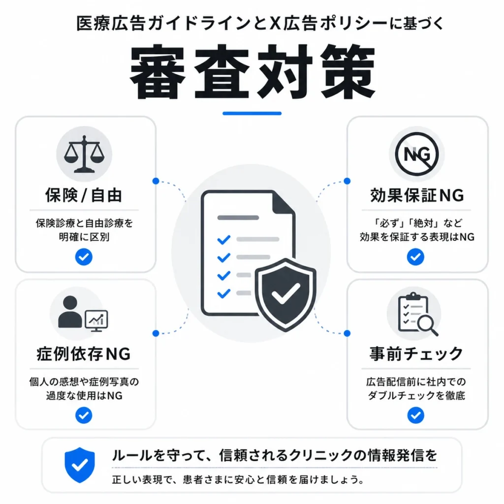 医療広告ガイドラインとX広告ポリシーに基づく審査対策をチェックリスト形式で示すイラスト