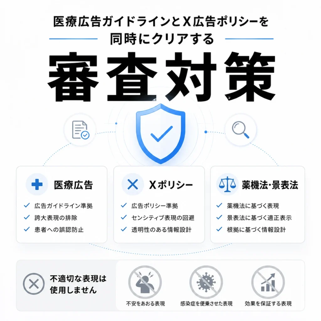 医療広告ガイドラインとX広告ポリシーを同時に確認する審査対策のイラスト