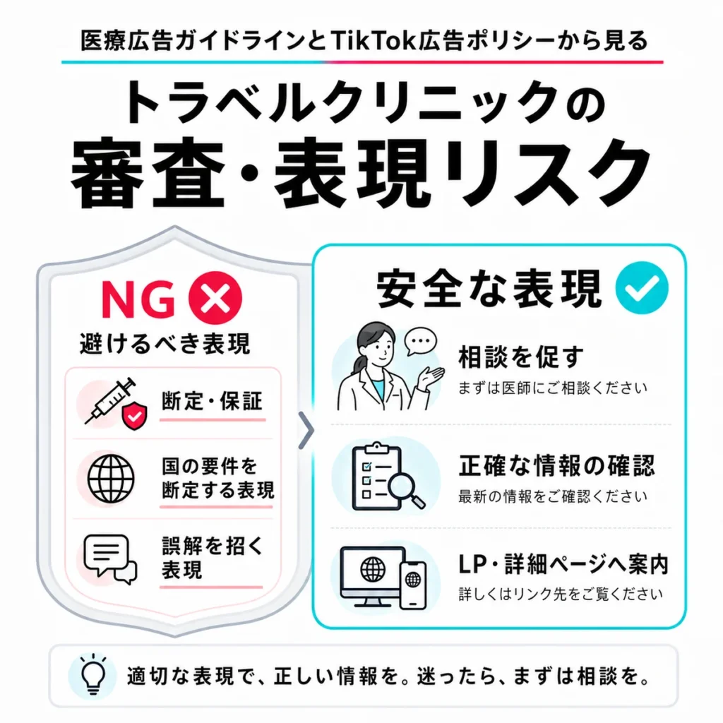 医療広告ガイドラインとTikTok広告ポリシーに配慮した安全な表現を示すイラスト