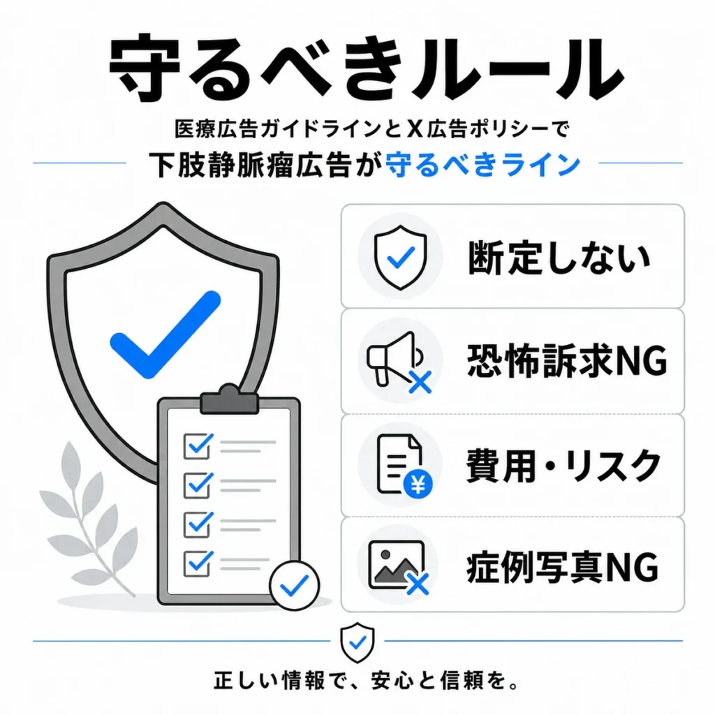医療広告ガイドラインとX広告ポリシーで守るべき断定回避・恐怖訴求NG・費用リスク開示を示すイラスト