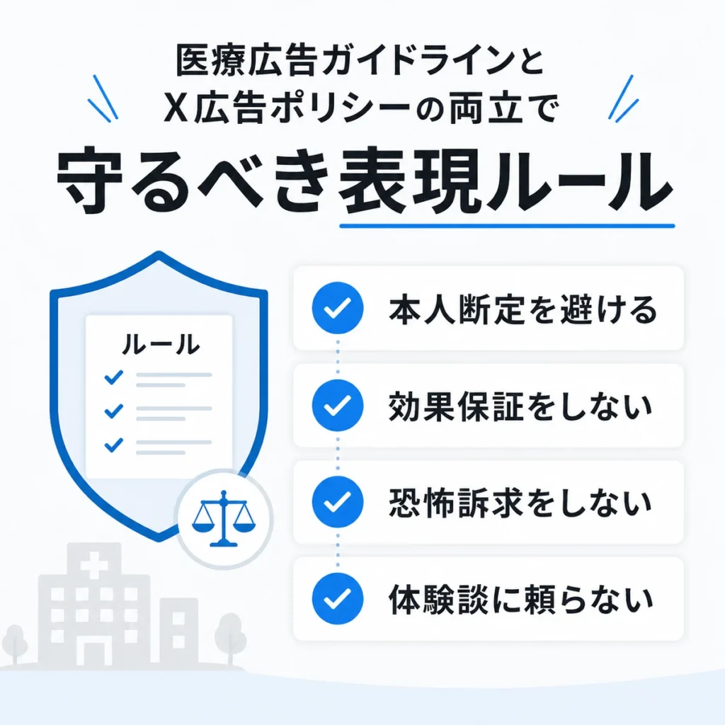 医療広告ガイドラインとX広告ポリシーで守るべき表現ルールをチェックリストで示すイラスト