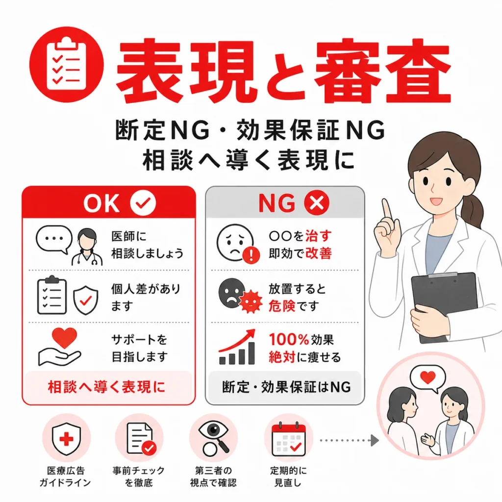 医療広告ガイドラインを踏まえた断定表現や効果保証を避ける審査ポイントのイラスト
