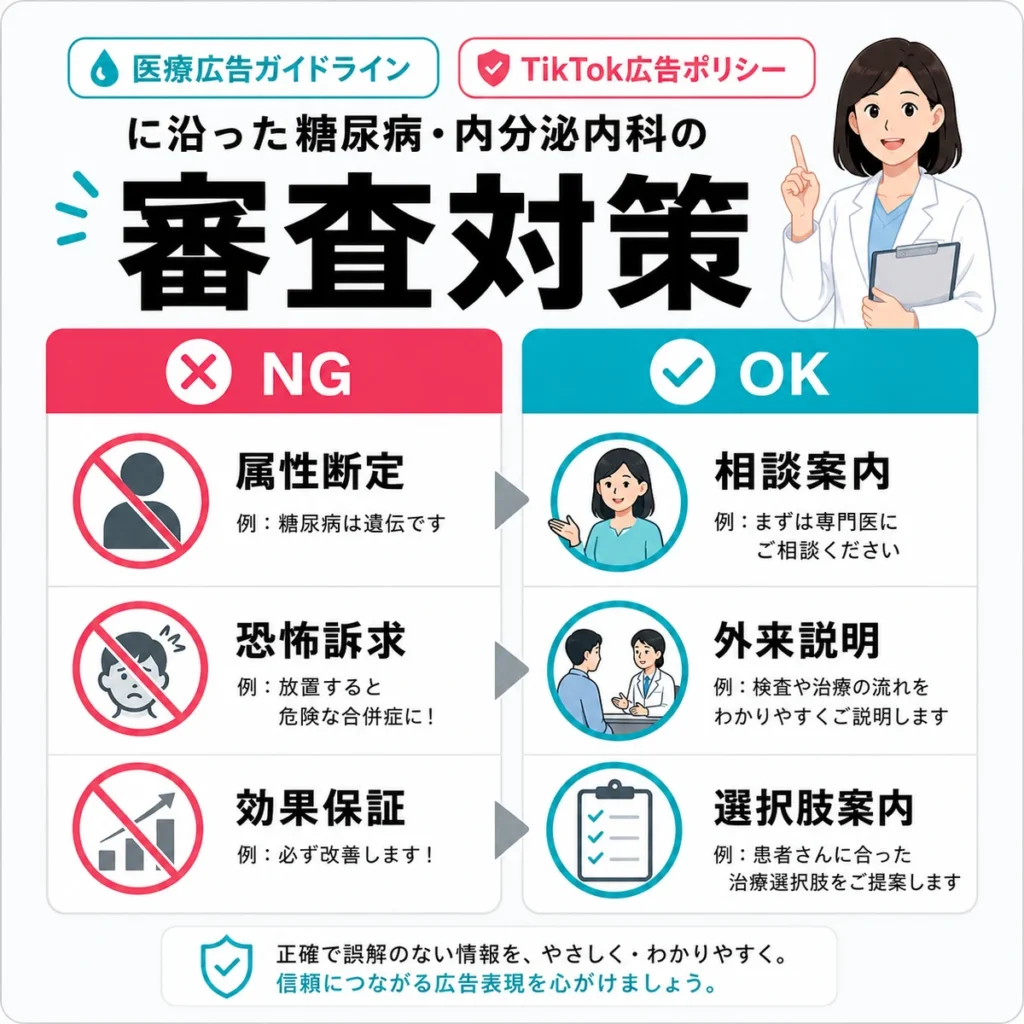 医療広告ガイドラインとTikTok広告ポリシーに沿ったNG表現とOK表現の審査対策を示すイラスト